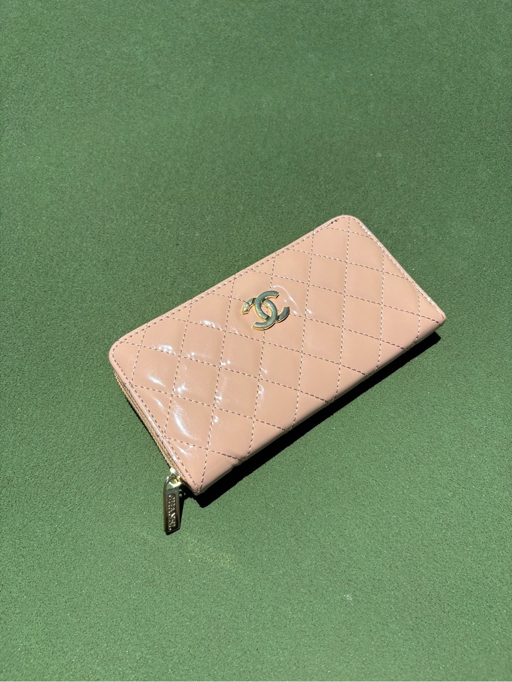 CHANEL Quilted Patent Long Zip Wallet in beige collar
